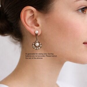 Vintage Copper Filigree Screw Back Earrings Floral White Speckled Cabochon